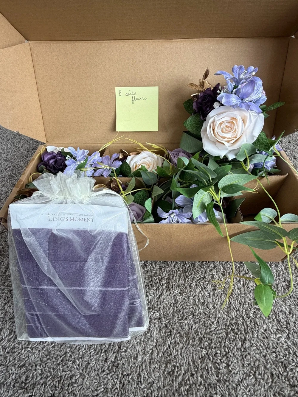 Ling’s Moment lilac & gold aisle floral arrangements
